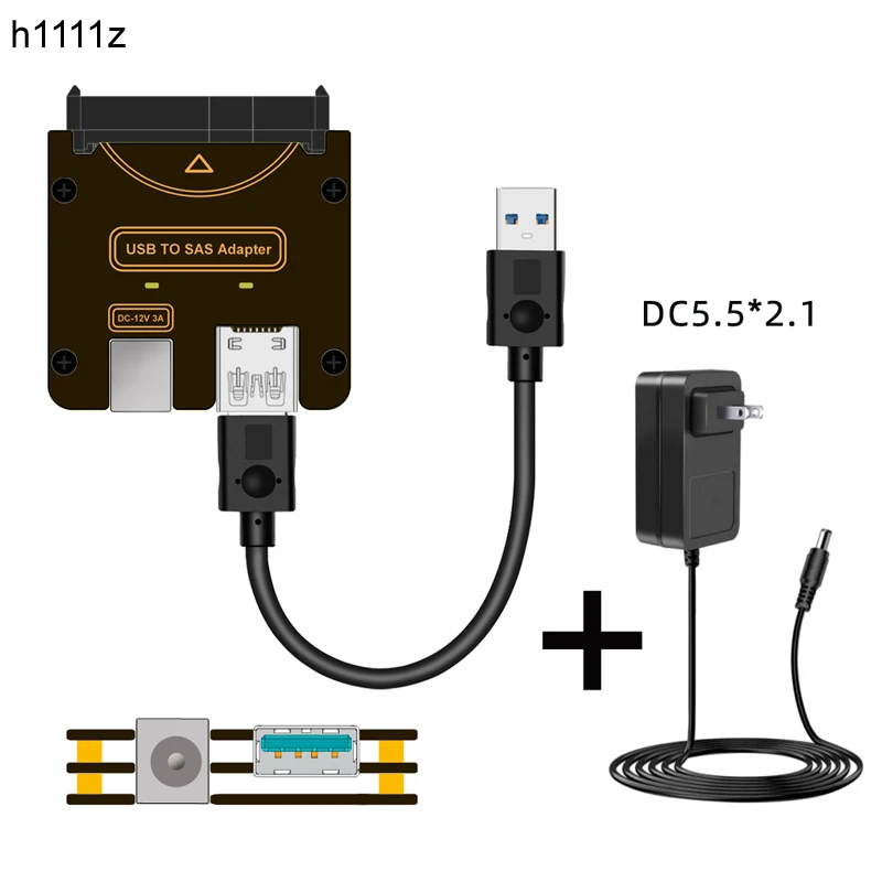 

Адаптер SAS-USB с адаптером питания 12 В/3 А Жесткий диск SAS 29-контактный преобразователь USB3.2 GEN1 5 Гбит/с для ПК, ноутбука