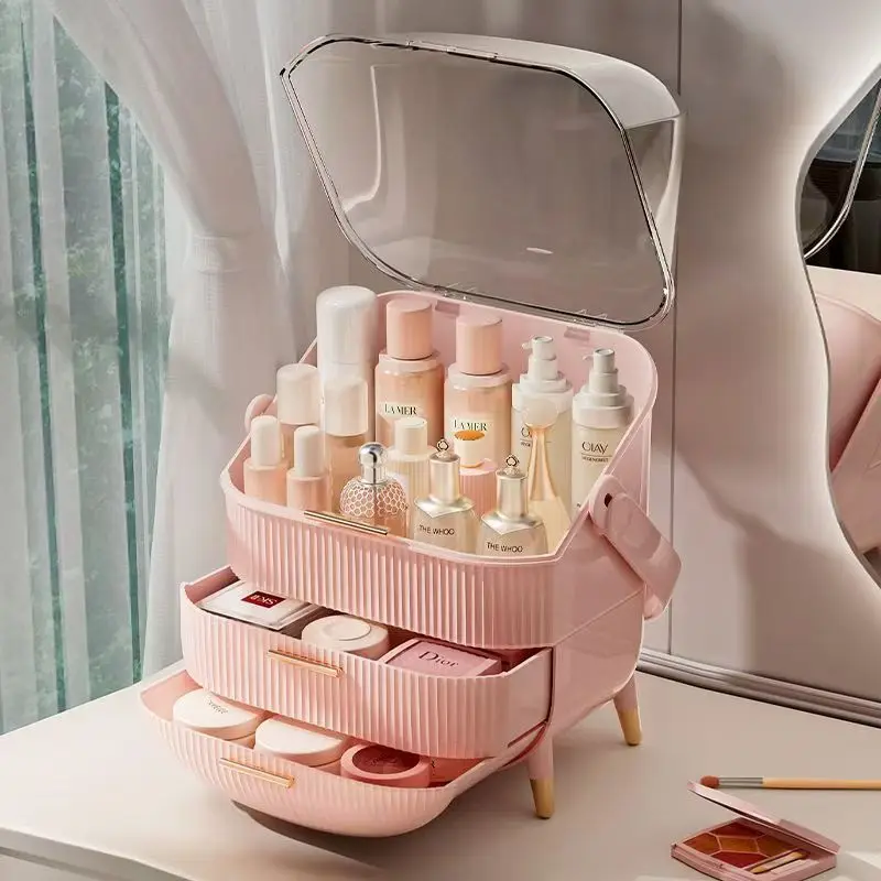 

Makeup Organizer With Lid Skincare Organizer with 2 Drawers Cosmetic Display Case for Vanity Bathroom Countertop Storage Pink