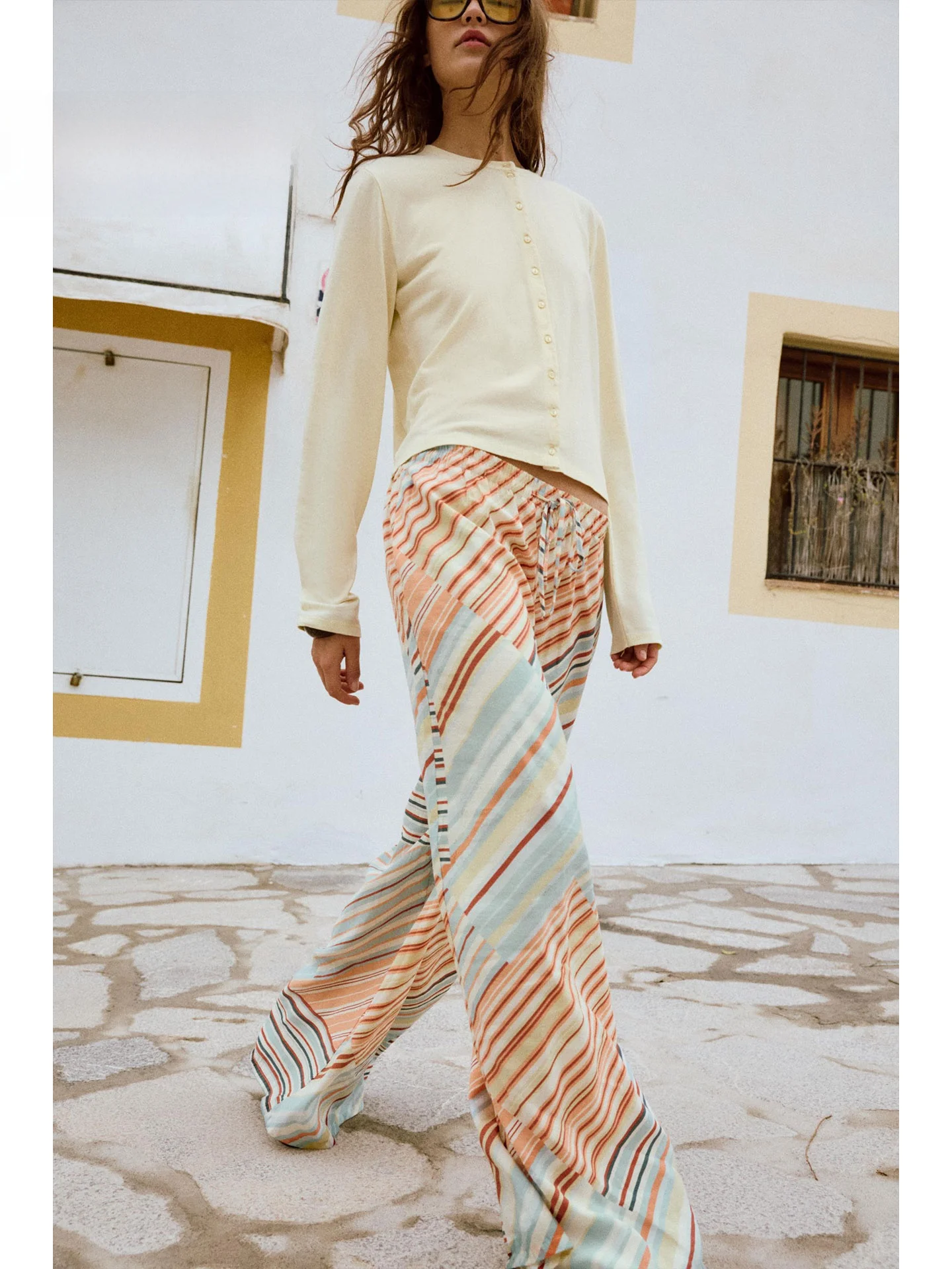 Summer 2026 Loose Fit High Waist Wide Leg Pants Elastic Waist Casual Drapey Multi-Color Diagonal Stripe Ladies Trousers