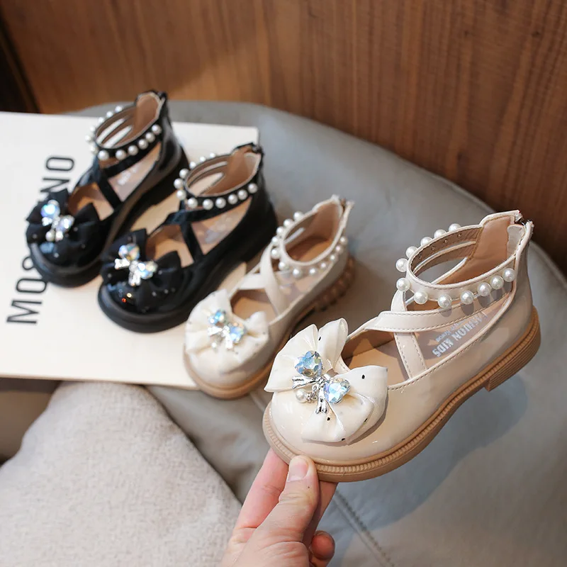 Girls Princess Leather Shoes New Spring Autumn Elegant Bowknot Children Pearl Single Shoes Sweet Ankle Strap Kid Mary Jane Shoes