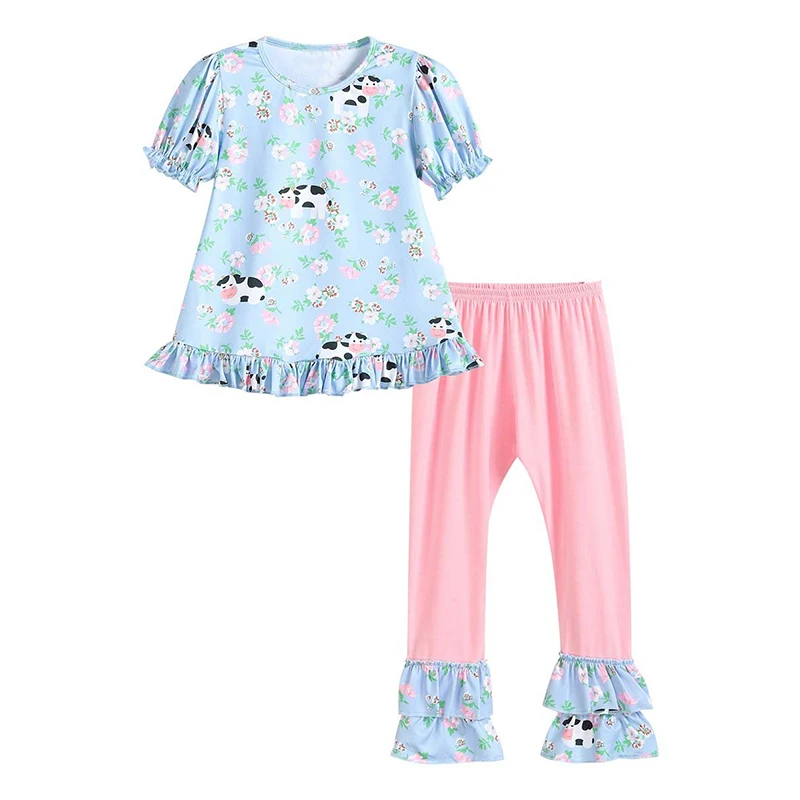 

New Kids Clothing Blue Floral Cows Top Pink Ruffle Capris Toddler Girls Sets