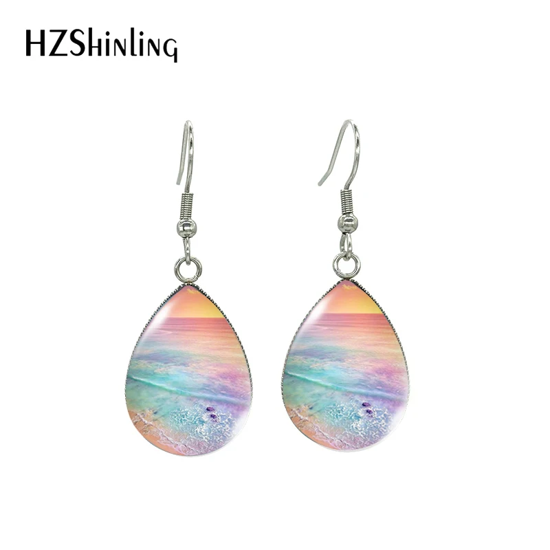 2023 New Arrival Fashion Ocean Wave Colorful Sunset Clouds Handcraft Glass Cabochon Tear Drop Dangle Earrings