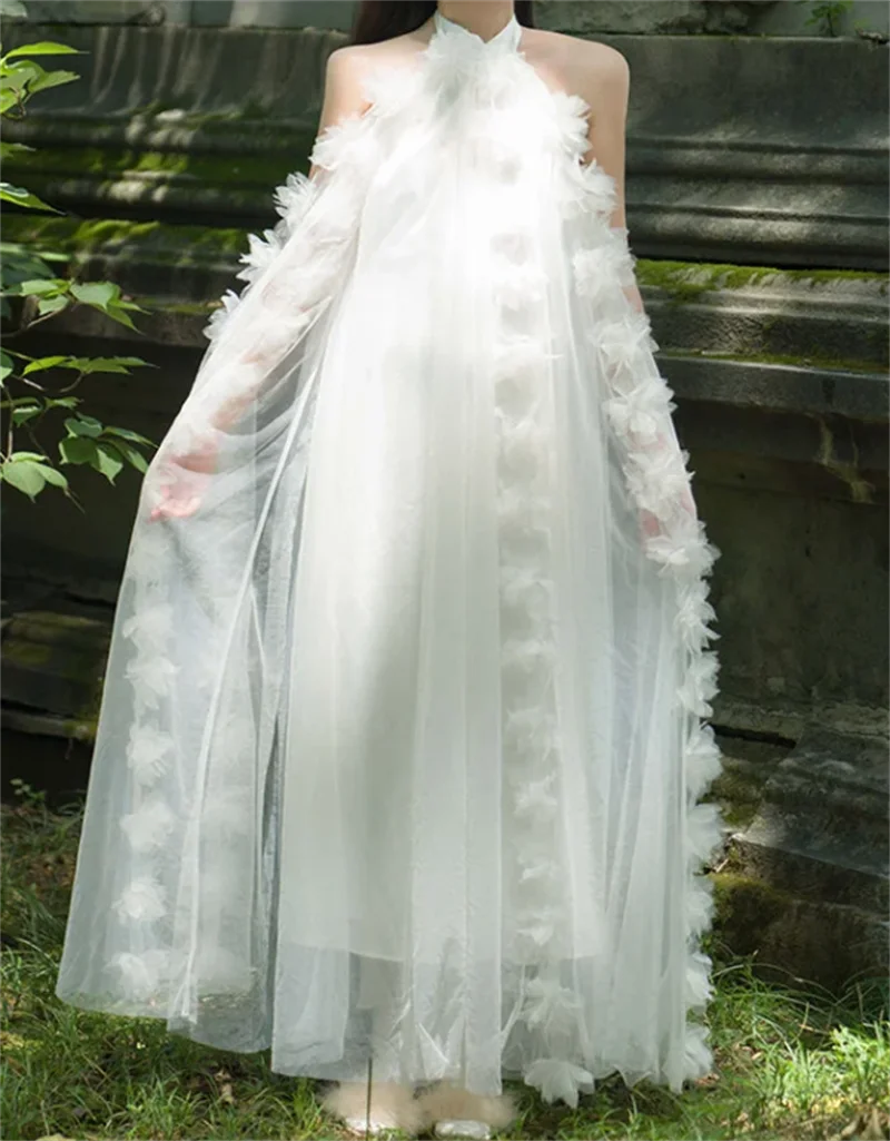 

Luxury White Woman Prom Dress For Photoshoot 3D Flower Sexy Sleeveless Bridal Morning Robes Night Gown Sleepwear Customized