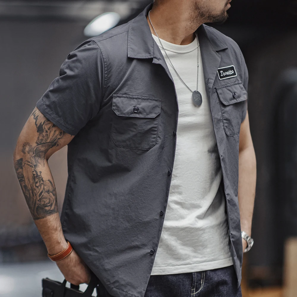 Maden Retro Toretto Short-sleeved Shirt Dark Gray Embroidered Design Lapel Thin Solid Shirt for Men's Summer Tops