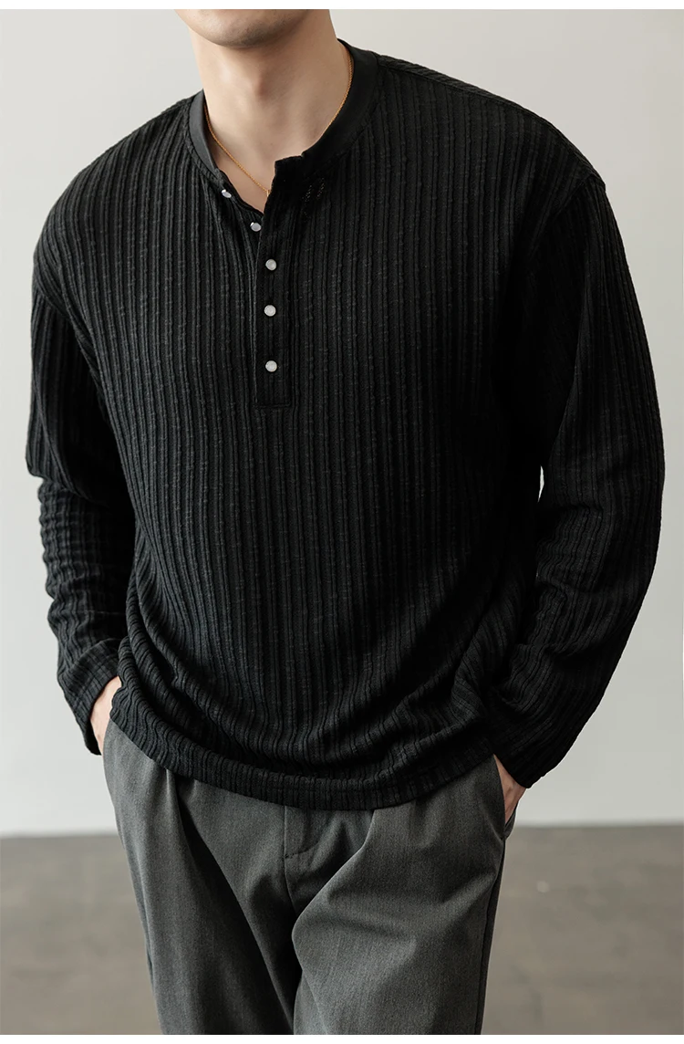 Autumn Casual Henry Collar Solid Color Loose Long Sleeved T-shirt for Men Casual Business Tshirts Versatile Social Base Shirt