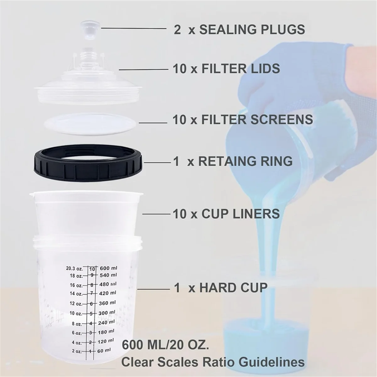 Paint Sprayer Mixing Cup Liner and Cap System for HVLP Spray Guns, Automotive Paint SprayGun 20 Oz (600 Ml) Kit