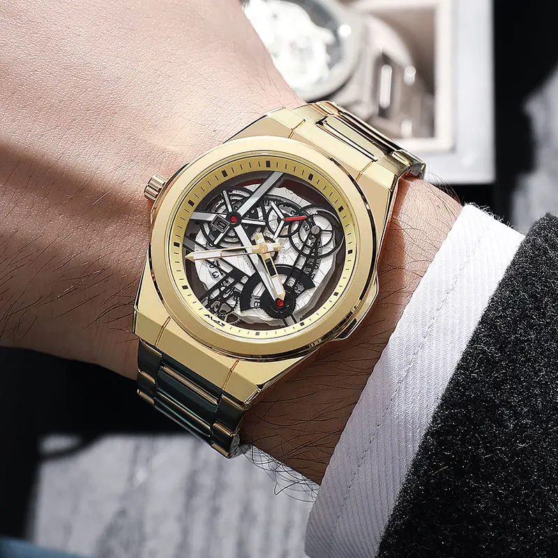 Men's Trendy Luminous Wristwatch with Hollow-Out Transparent Calendar European American Fashion Business Steel Strap Wristwatch