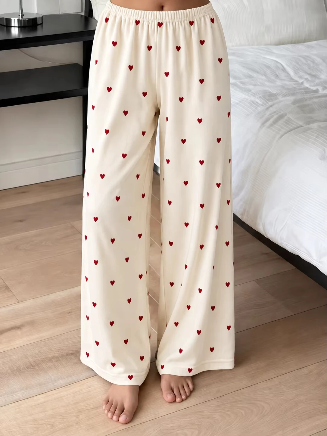 2026 New Summer Women Satin Pajama Pants Cute Heart Pattern Elastic Waist Loose Long Sleepwear Trousers Comfortable Home Pants