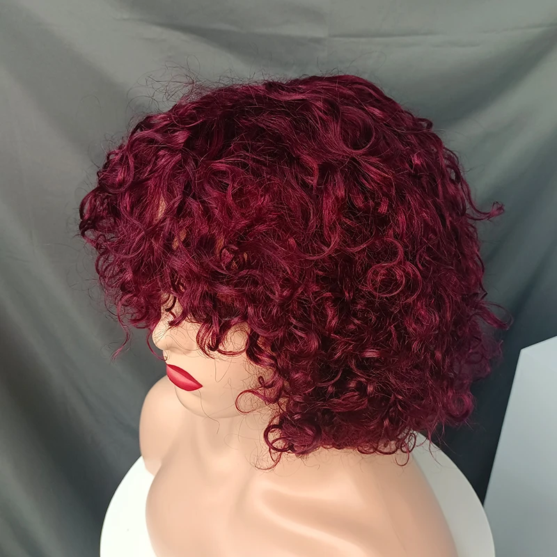 Borgonha curto Bob peruca com Franja, Full Machine Made, onda de água, Remy cabelo humano, 99J Bouncy