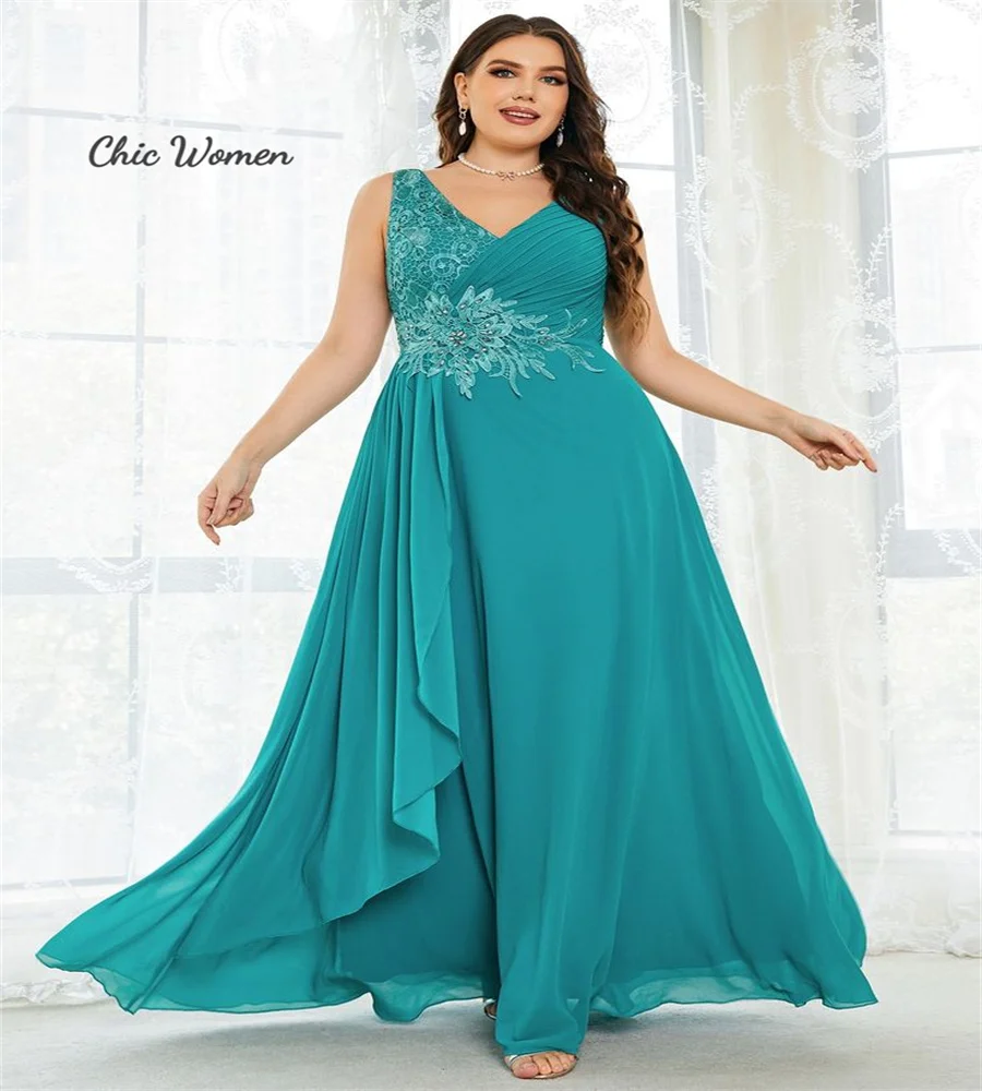 

Plus Size Turquoise Mother Of The Bride Dress 2023 A Line Chiffon Beach Wedding Guest Dress Lace Beaded Formal Occasion Evening