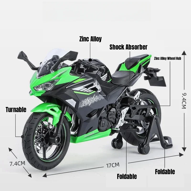 

1/12 KAWASAKI Ninja 400, игрушечный мотоцикл, миниатюрная литая под давлением металлическая модель 1:12, супер спортивная коллекция звуков и света, подарок для мальчика KidT
