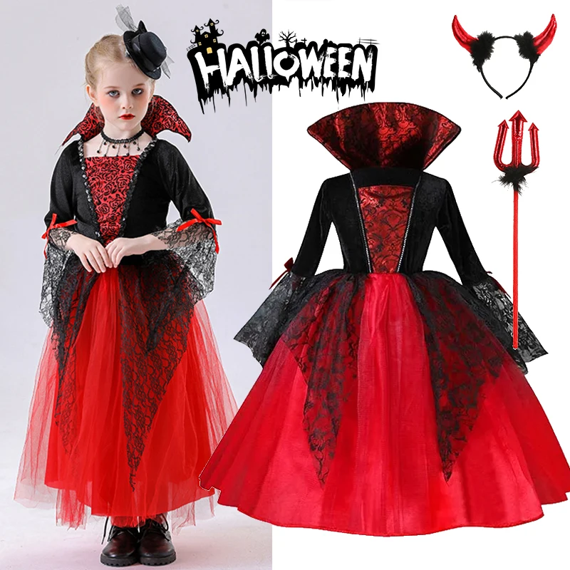 Girls Devil Long Lace Gown Feather Wings Horn Headband Trident Wand Halloween Kids Stage Cosplay Party Outfit