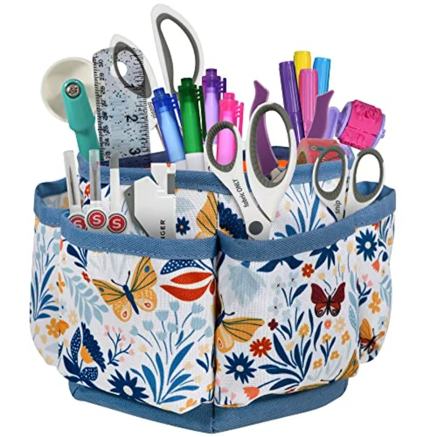 

360 Degree Rotating Organizer for Tabletop Counter Storage Sewing Supplies Art Supplies with Compartments Butterfly Floral Prin