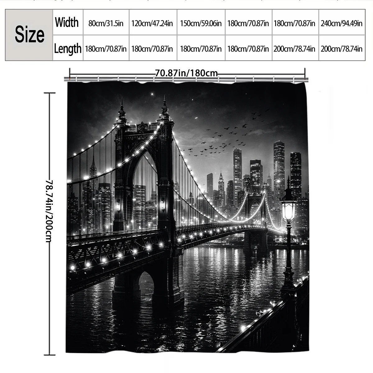 2D Flat, 1pc 2D Flat Cityscape Bridge at Night Shower Curtain, Bathroom Decor, Multi-Size Options (80X180Cm, 120X180Cm, 150X180C