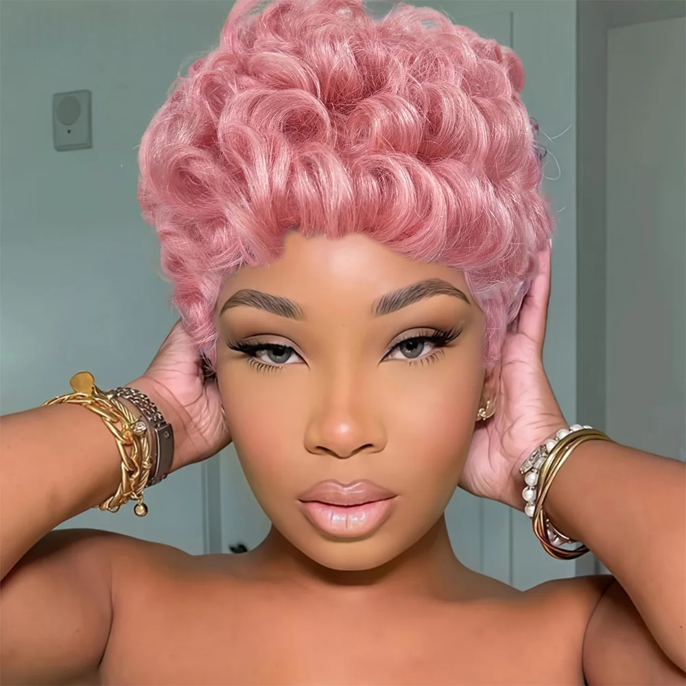 

Стильные короткие кудрявые парики-пикси для женщин из бразильских волос Реми, 4 дюйма, волнистая прическа, машинная работа