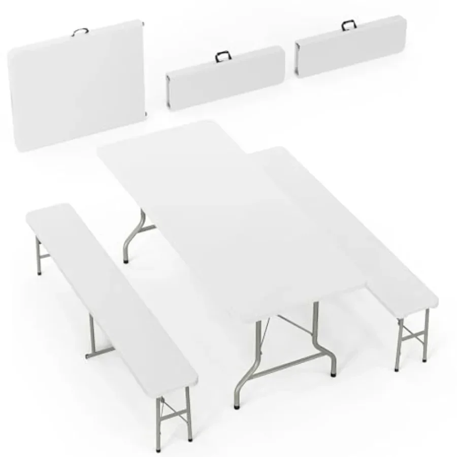Folding picnic table set with 2 benches for camping and backyard use, aluminum frame, gray finish, lightweight and compact fold