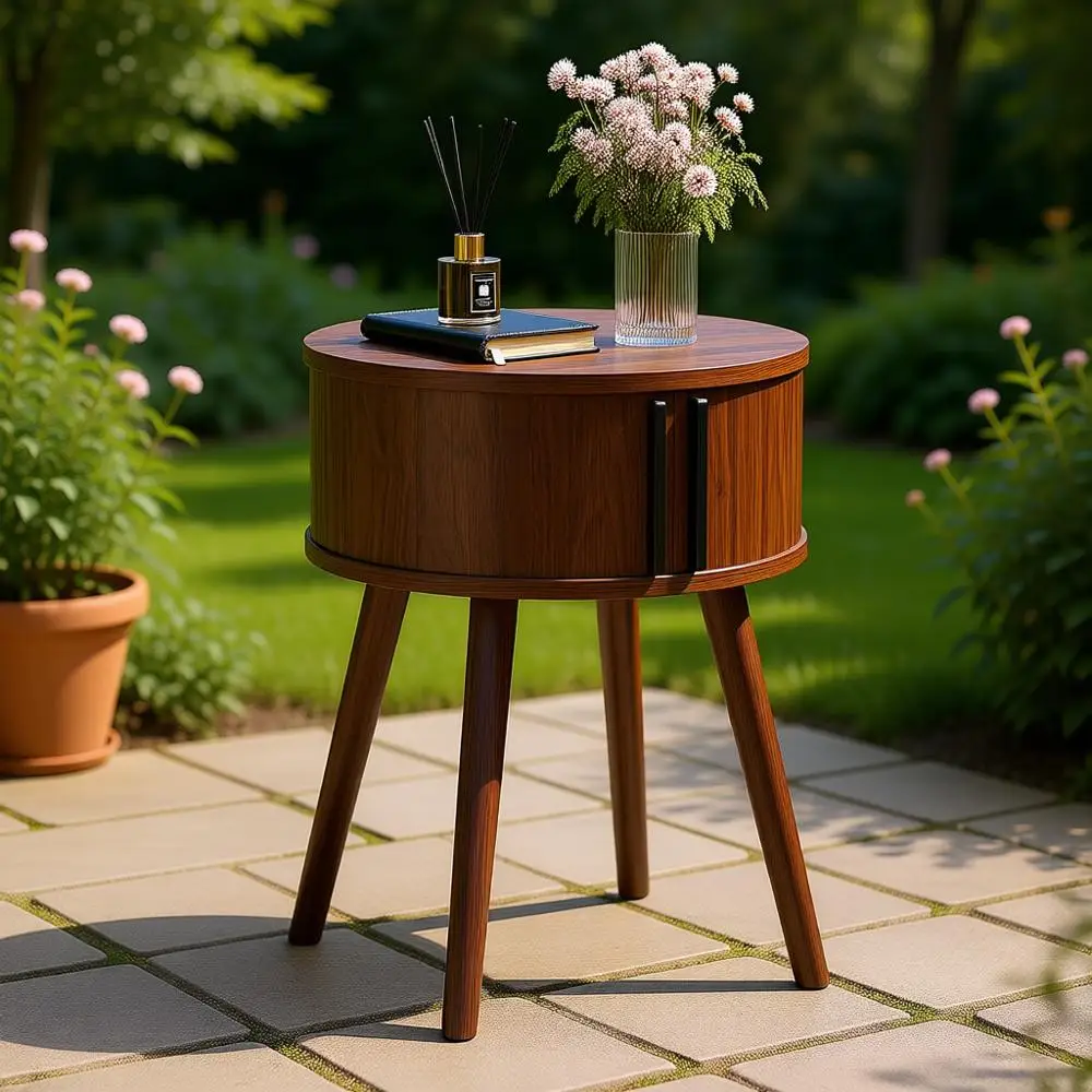 

Walnut Sliding Door Side Table with Cabinet, Ideal for Living Room or Bedroom, Solid Wood Legs Nightstand