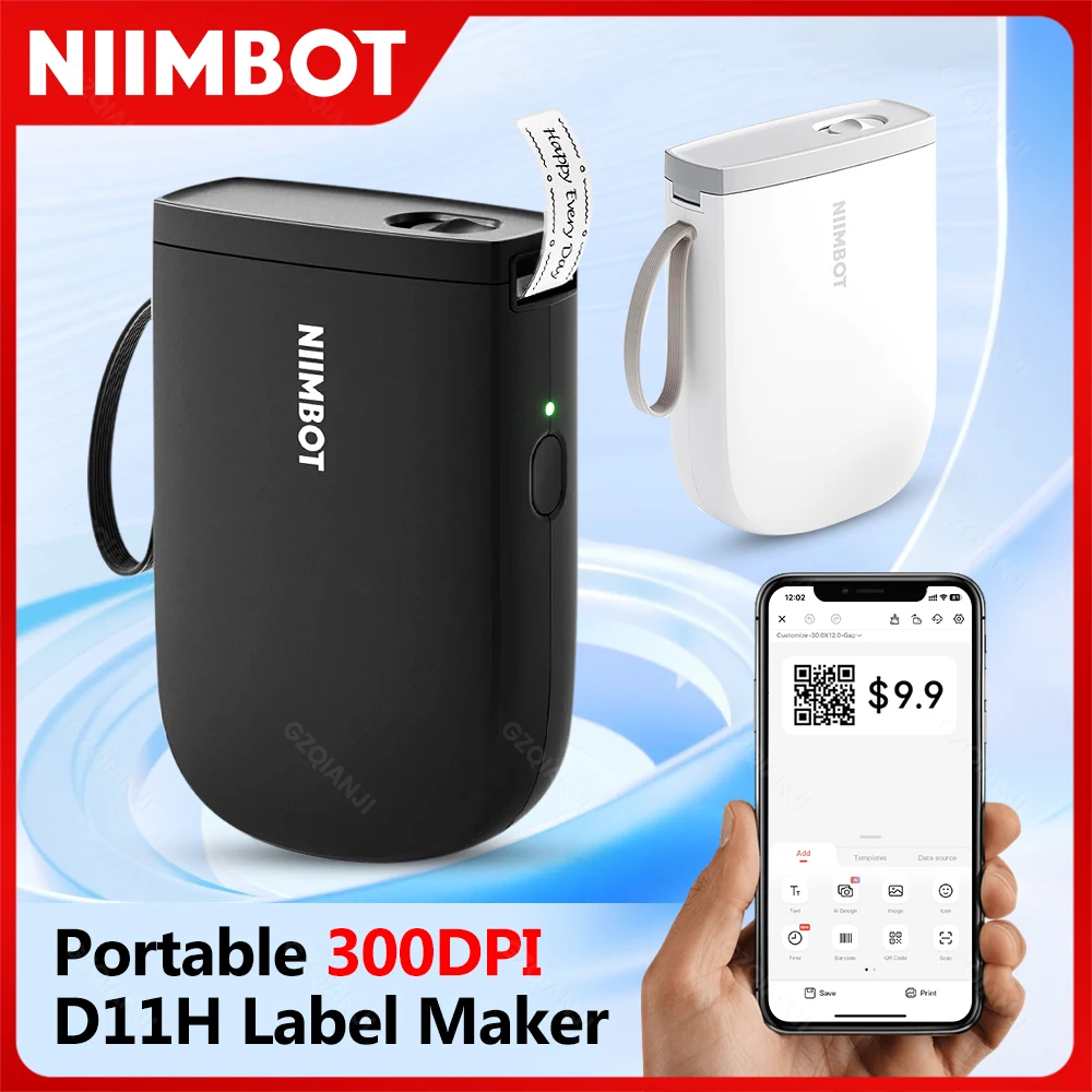 NIIMBOT D11H Label Printer Mini Portabel Bluetooth Sticker Machine Maker with 1 Roll Label Paper Tape Print Notes Name Date Tips