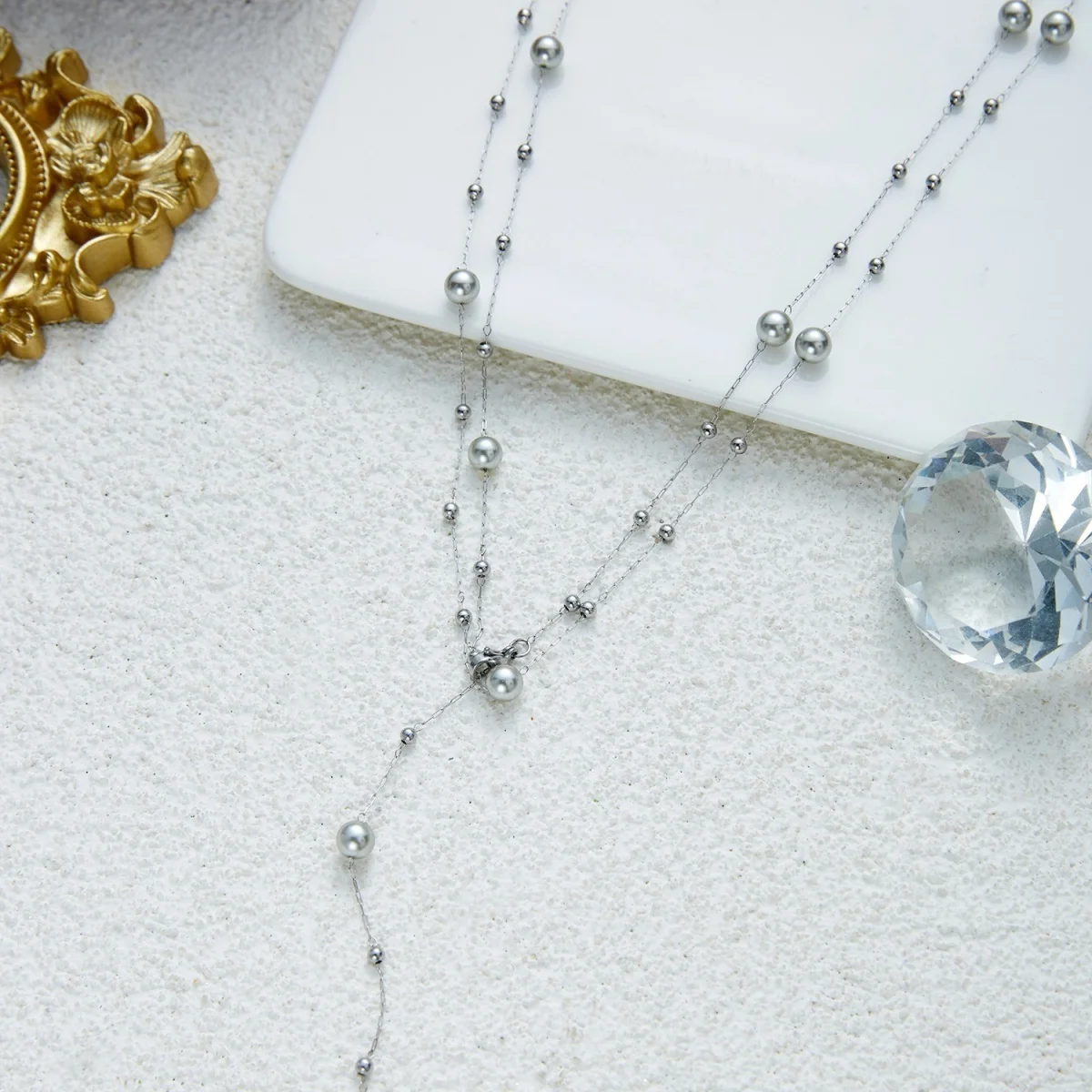 Zierliche silberfarbene Perlen-Stern-Schmuckkette mit simulierten Perlen in Y-Form für Damen und Herren, doppellagiger Y-förmiger Choker, ästhetisches Geschenk-Schmuckstück. – Detail 26