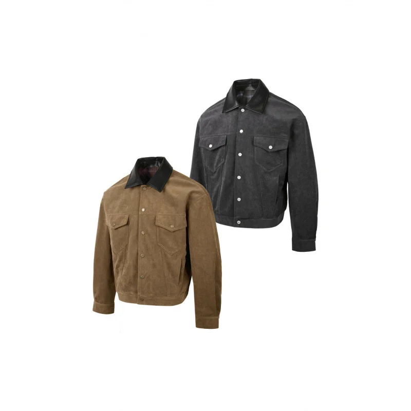 

EME Ретро лоскутная кожаная куртка с лацканами в американском уличном стиле, осенне-зимняя рабочая одежда для мужчин и женщин