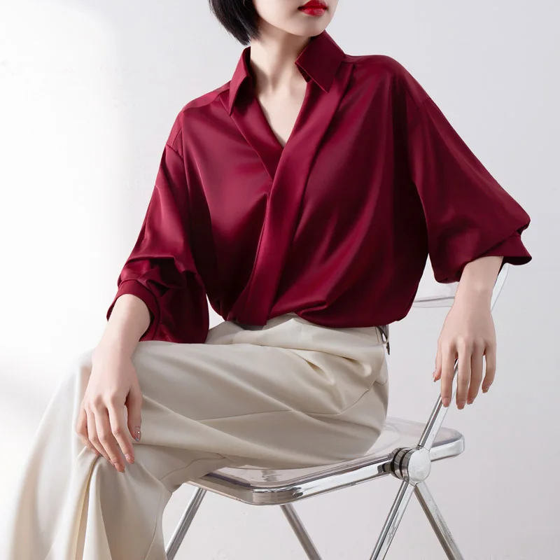 

Vintage Women's Blouses Solid Color Shirts Fashion Loose V-neck Summer Clothing Short Sleeved Chiffon Women Tops