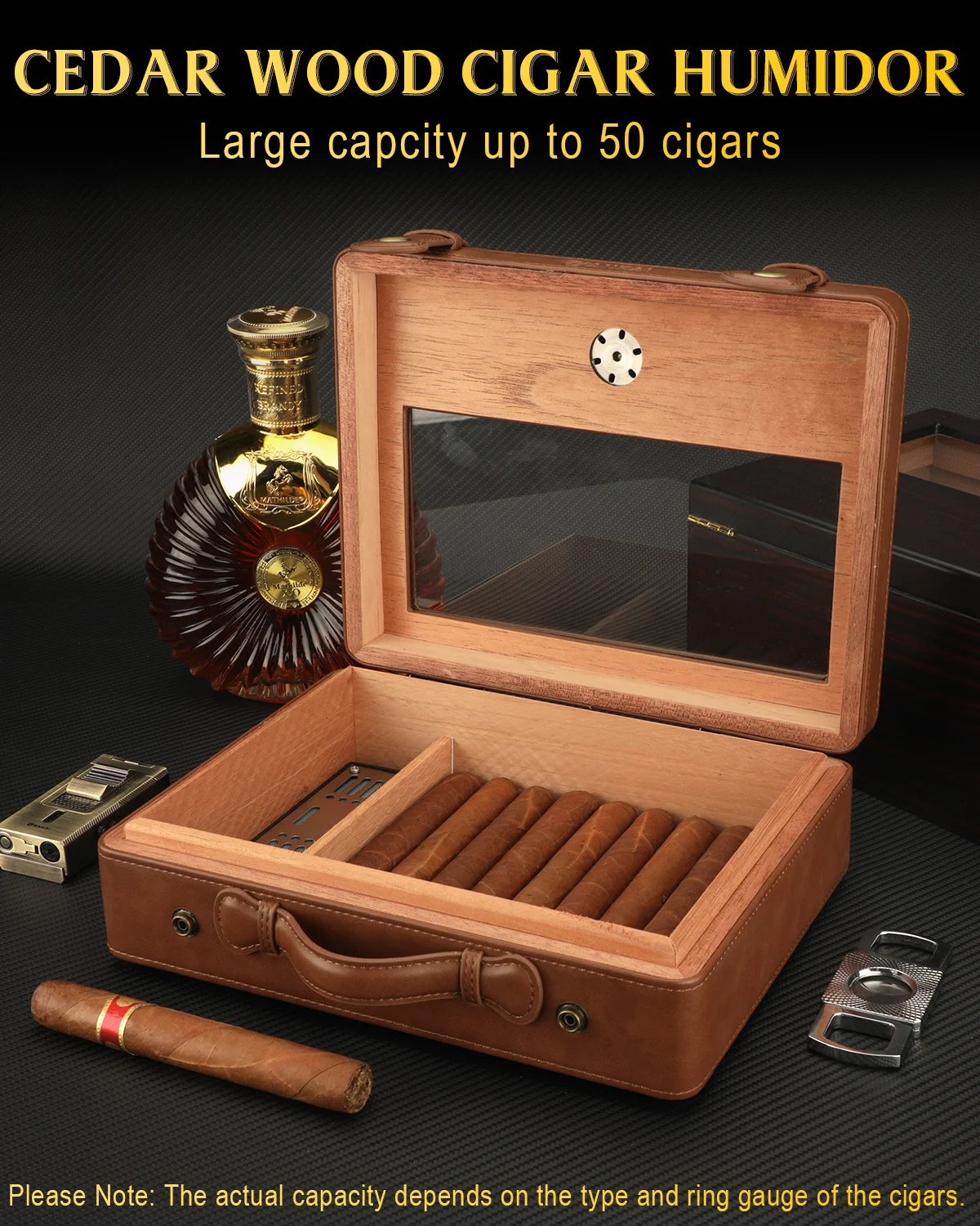 Cigar Humidor,Travel Cigar Humidor Box with Glass Top,Humidifier Hygrometer Gauge,Cedar Wood Lining up to 50pcs Large Humidor