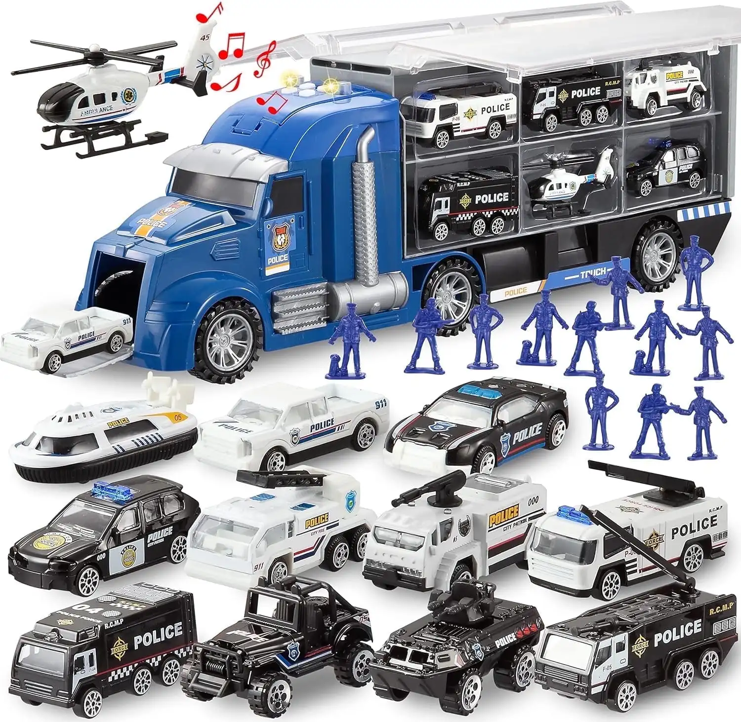 Joyfy 25 in 1 Die-cast Police Rescue Big Truck Toys Car Transporter Storage Truck with Sounds Lights  for Toddlers Birthday Gift