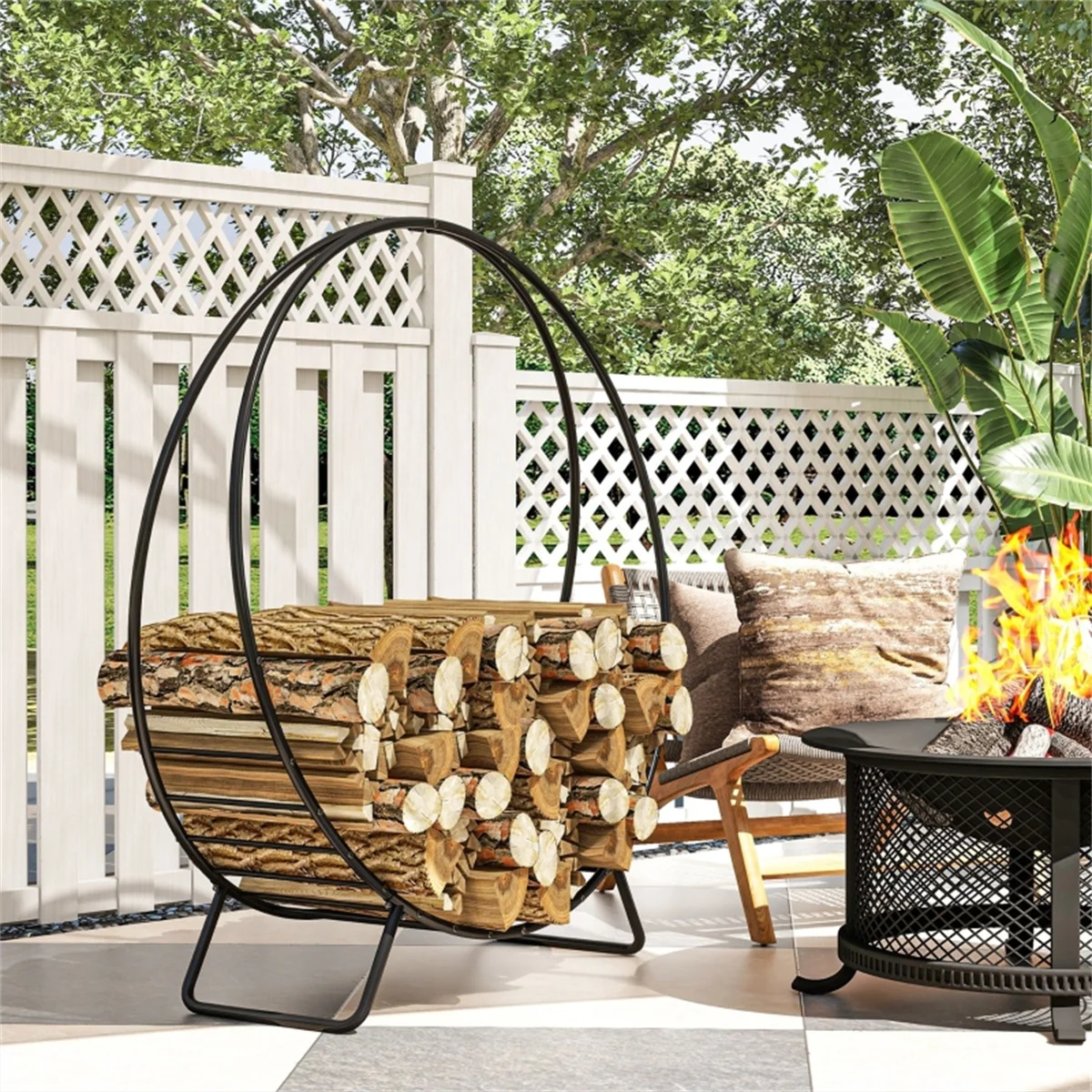 Black Firewood Rack Heavy Duty Wood Storage Holder Outdoor Furniture