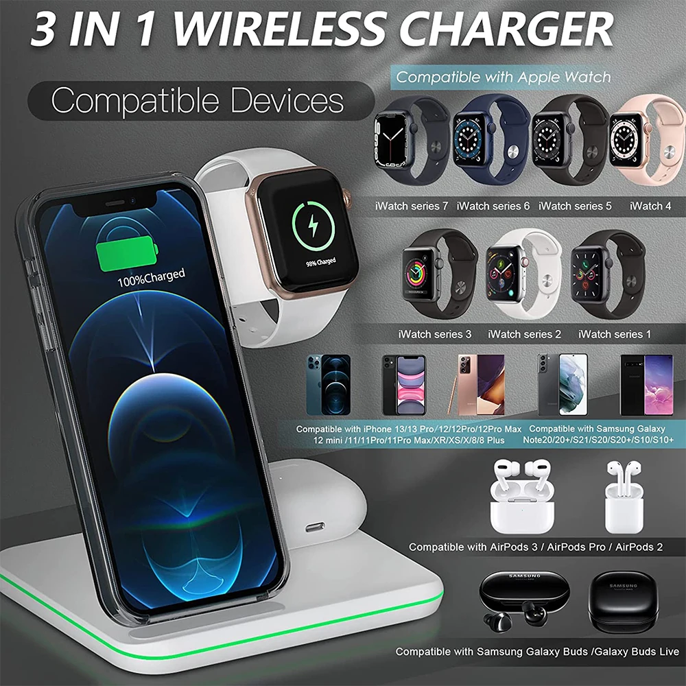 Wireless Charger Magnetic Stand for iPhone 14 13 11 12 X 15W Charging Station Dock for Samsug Apple Watch 7 AirPods 2 Pro