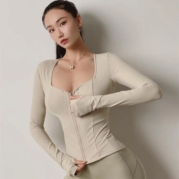 Autumn New Quick-drying Top Long Sleeve Skinny with Chest Pad Gathered Back Suit, Sports Yoga Wear