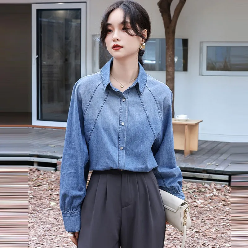 Women Casual Denim Shirt New Arrival 2024 Autumn Vintage Style Raglan Sleeve Basics Office Lady Elegant Tops Shirts W1929