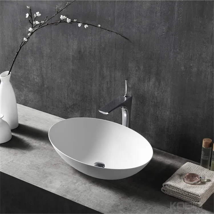 Modern Design Counter-Top Solid Surface Oval Bathroom Sink Pure Matt White Stone Resin Wash Basins For Hotel Villa Apartment