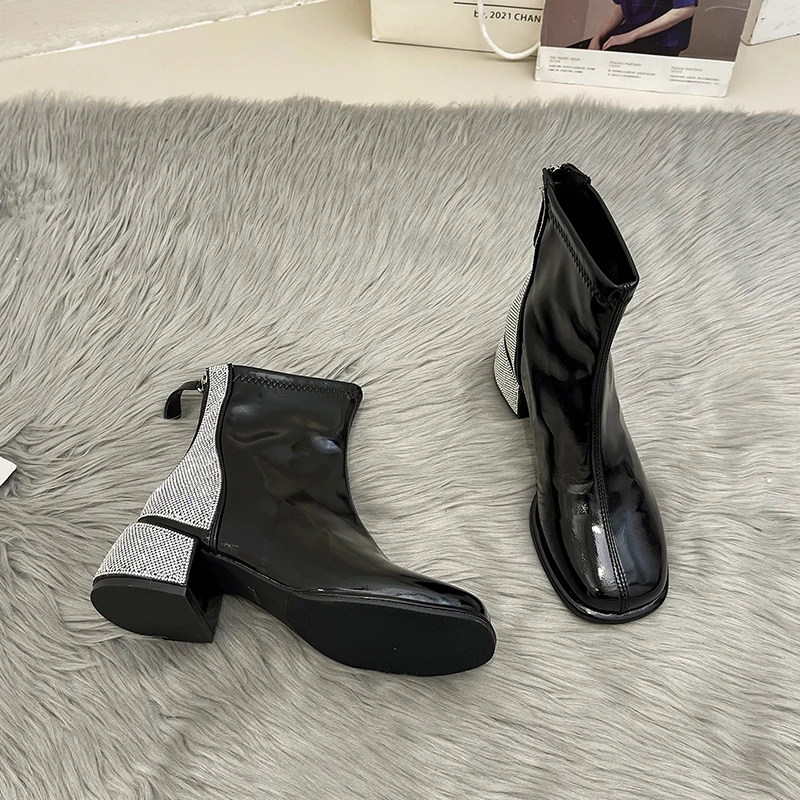 Scarpe da donna stivaletti primavera e autunno 2022 nuova moda testa quadrata tacco spesso flash diamond zipper scarpe tacco medio