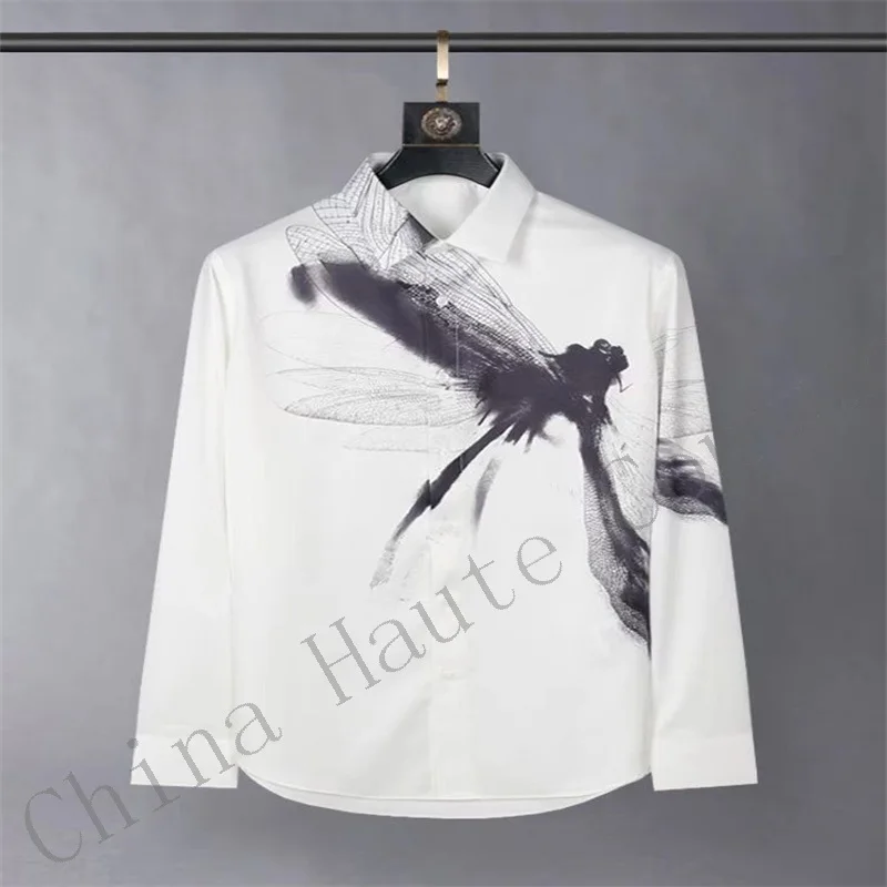 Luxury Letter Printed Shirt Men Long Sleeve Slim Fit Casual Shirt High Quality Banquet Party Tuxedo Social CamisaMasculina 2024