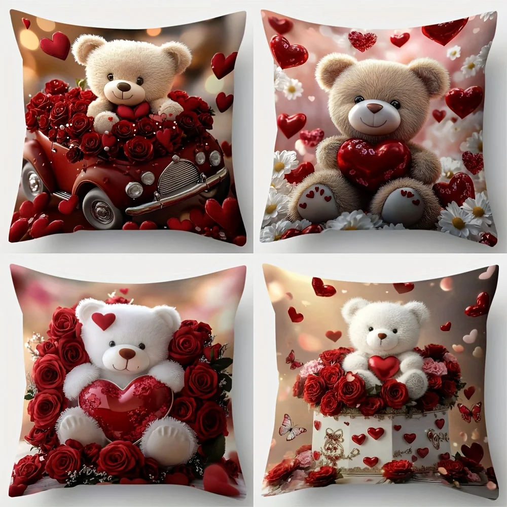 

4pcs Romantic Rose Teddy Bear Single-sided printing Short plush Suitable living rooms bedrooms sofas (excluding pillow cores)