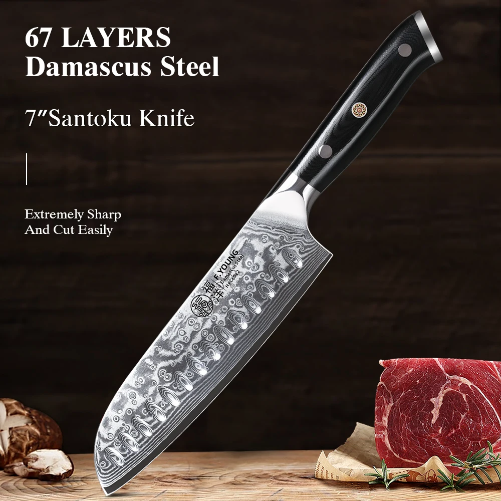 F.YOUNG 7 Inch Professional Japanese Santoku Knife  67 Layer Damascus Steel VG10 Core Sharp Meat Vegetable Kitchen Chef Knife