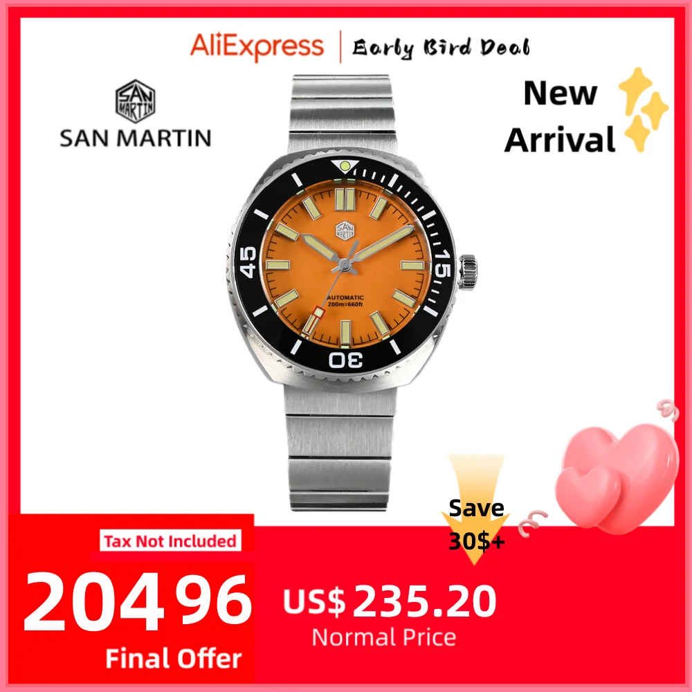 

San Martin 40.5mm Original NH35 Enamel Orange Dial Men Diving Watch Automatic C3 Green Lume 20ATM Sapphire Glass SN0045-1