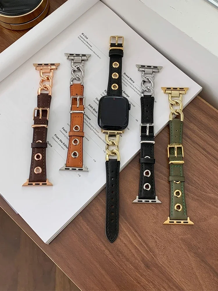 Luxury Design Metal Real Leather Band For iWatch Series 8 7 6 5 4 3 SE Women Slim Strap For Apple Watch 41mm 40mm 45mm 44mm 49mm