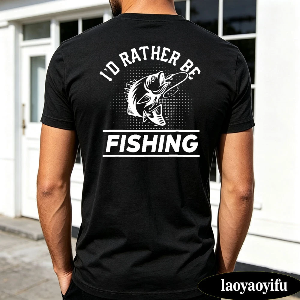 I'd Rather Be Fishing Halftone Dots Bass Fish Back Print Casual Angler Outdoor Weekend Men Short Sleeve T‑Shirt Men Clothing