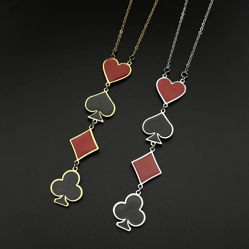 Pokerkarten-Halskette mit Sprossen in Form von Pik, Herzen, Karo und Ruiten für Damen und Herren aus Edelstahl, Glücksbringer, Vintage, Hip-Hop, Streetwear, Party-Schmuck – Detail 7