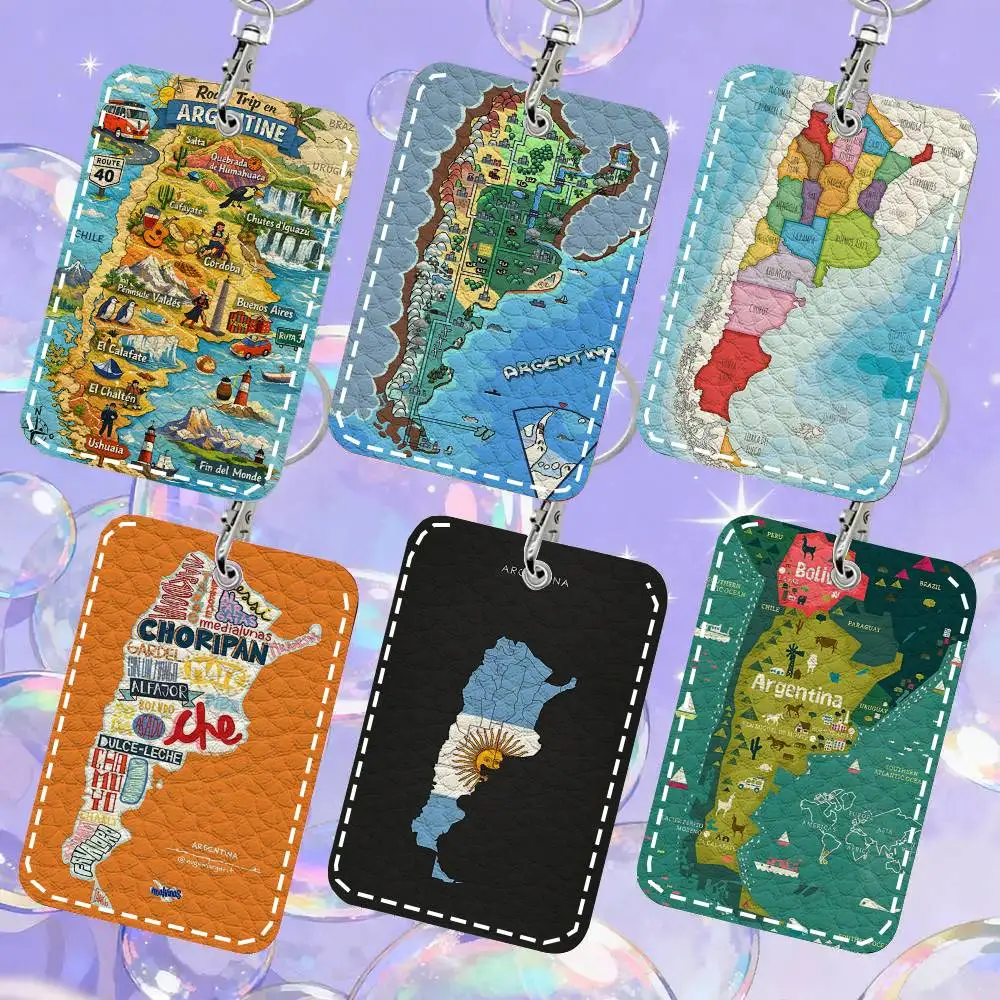 1pc Argentina Map Design Card Case Keychain Access Card Bag Key Tag Ring Leather Card Holder Key Ring Access