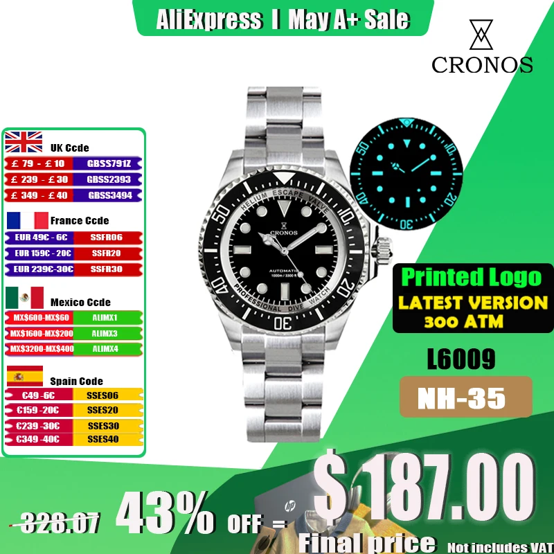 

Cronos Automatic Diving Man Watch Stainless Steel Bracelet 2000 Meters Water Resistance Professional Diver Men's Watches L6009M