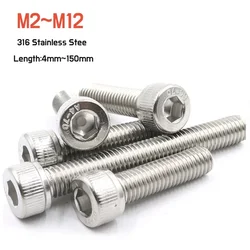 316 Stainless Steel M2 M2.5 M3 M4 M5 M6 M8 M10 M12 Hexagon Hex Socket Head Cap Allen Screw Cylindrical Head Lengthen Bolt DIN912