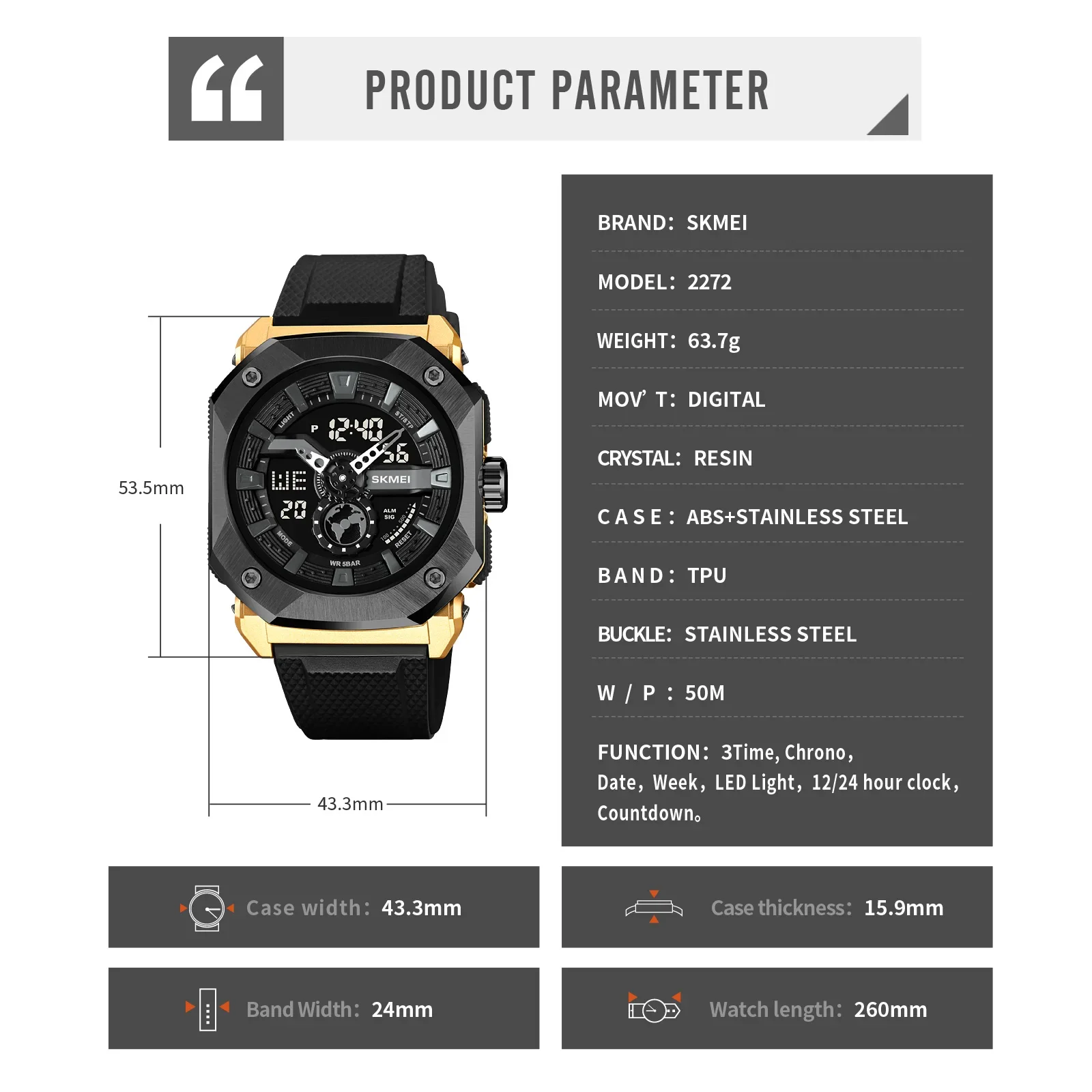 SKMEI 2272 Waterproof Stopwatch Multifunctional 3 Time Countdown Sport Watch Male LED Light Digital Wristwatches For Men 5Bar