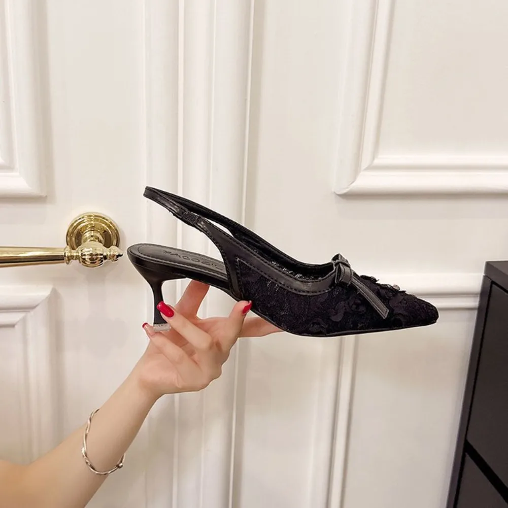 Новые модные сетчатые элегантные банкетные босоножки на высоком каблуке, летние пикантные/удобные женские туфли с острым носком и галстуком-бабочкой на тонком каблуке для вечеринок