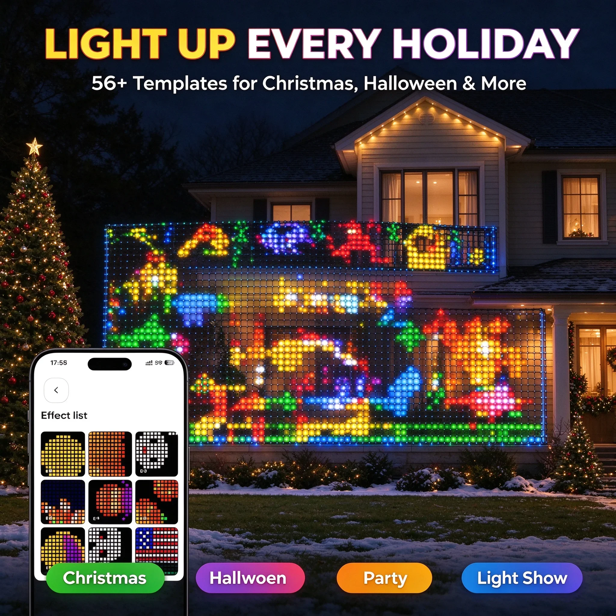 USB Smart Christmas Net Lights 256LED IP65 Waterproof APP Remote Control DIY Pixel Mesh Light Outdoor Garden Fence Decor