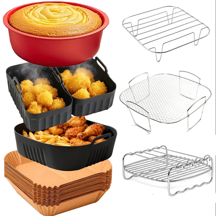 Square Silicone Air Fryer Mold, Round Cake Mold, 20cm Air Fryer Baking Paper and Grill Rack Air Fryer Accessories