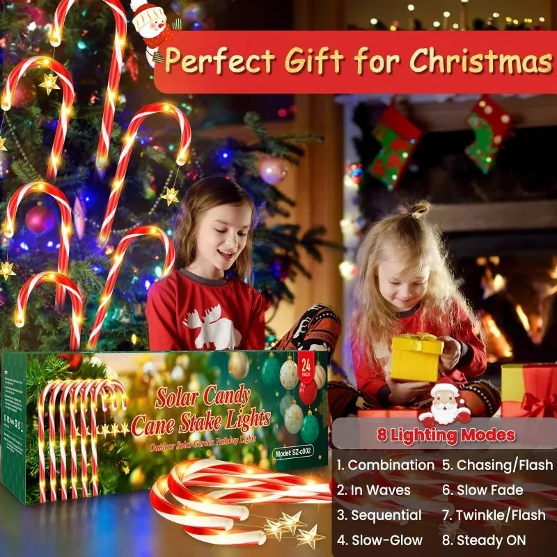 2 PCS 5 IN1 Boże Narodzenie Solar LED Candy Cane Lights z gwiazdami Płatki śniegu Święty Mikołaj Wodoodporne bajkowe oświetlenie świąteczne