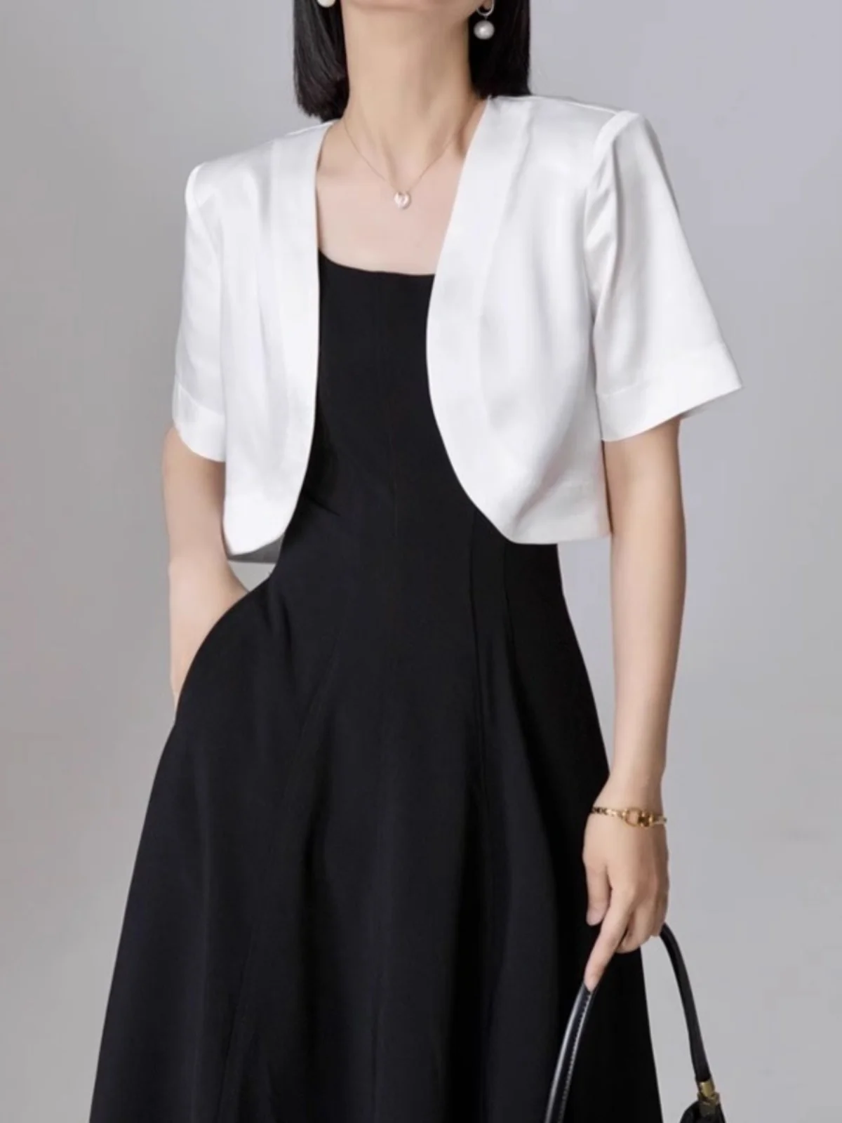 Shoulder Padless Short Sleeve Lapelless Summer Coat with Dress Strap Outerwear Cardigan Stylish Commute Fit Splice Design