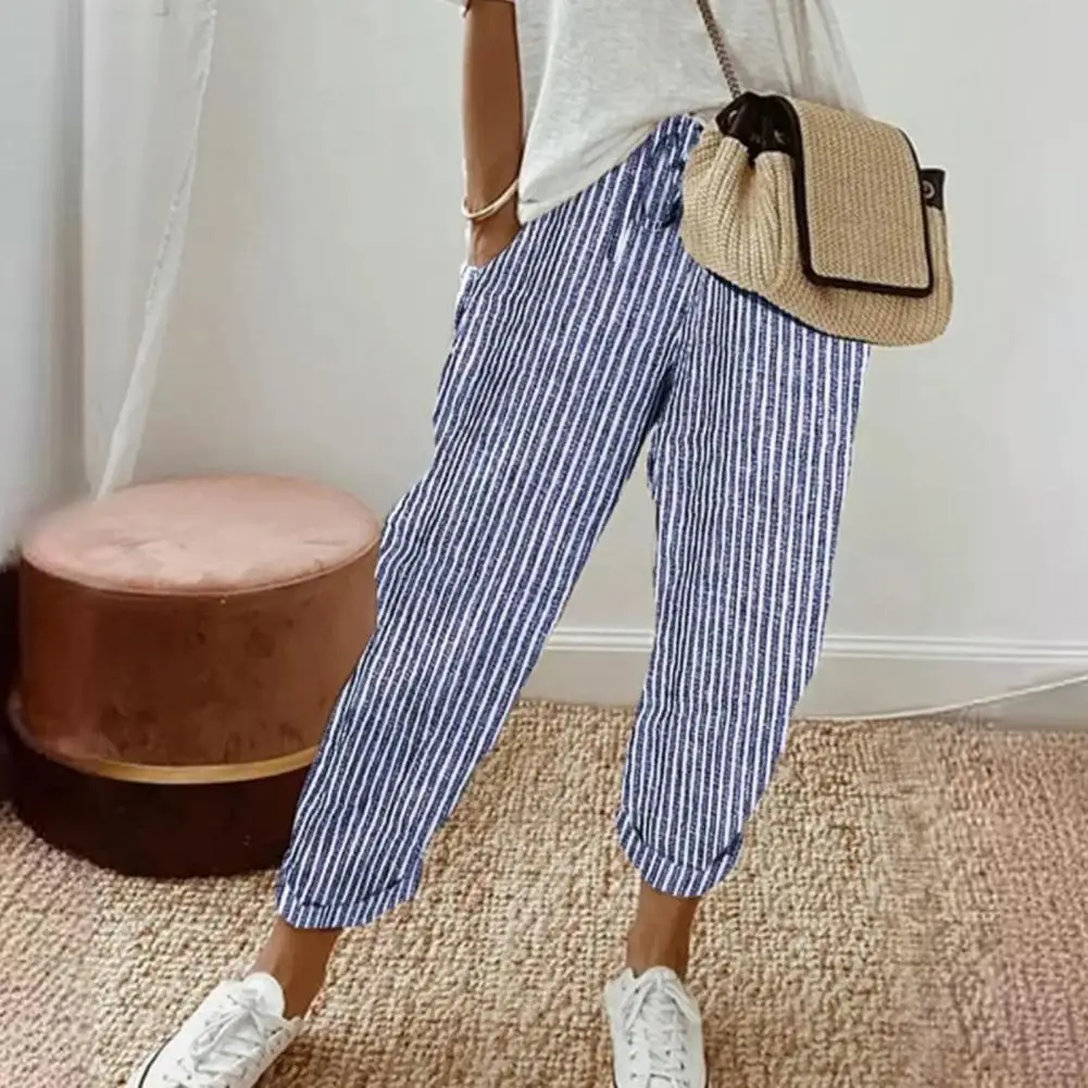 Women Vertical Stripe Pants Vertical Stripe Print Trousers Striped Printed Loose Fit Pants with Adjustable for Women for Leisure